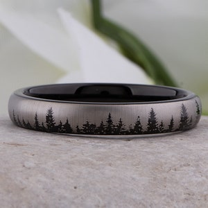 Forest Tree Tungsten Ring, Black Wedding Band 4mm Wide, Promise Ring or Anniversary Gift for Men or Women, Popular Affordable Unisex Style