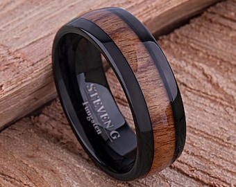 Tungsten Wedding Ring: Black Plated with Rosewood Inlay, 8mm