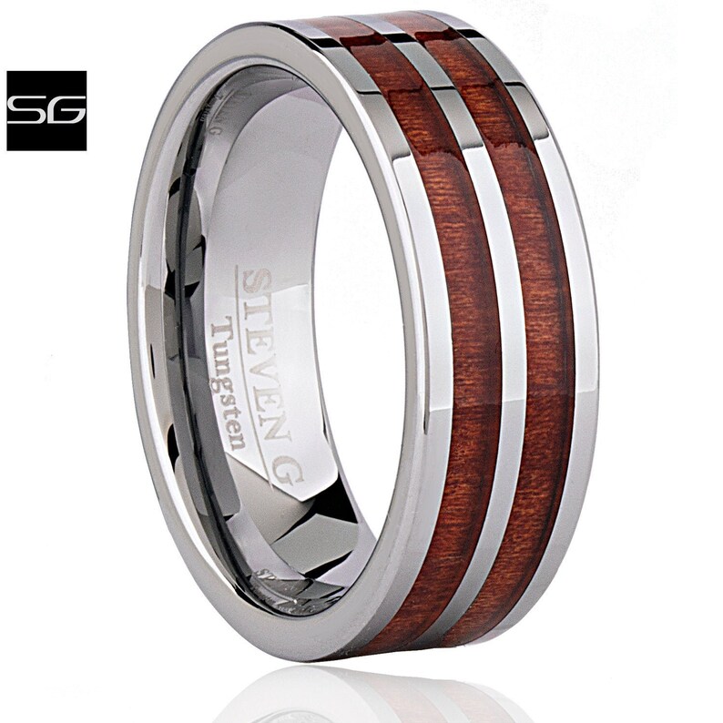 Tungsten Carbide Ring Style Wedding Band 8mm Wide Flat with Double Row Natural Hawaiian Koa Wood Inlay Comfort Fit TCR092