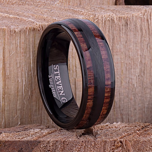 Tungsten Mens Wedding Band 8mm with Black Plating and Koa Wood, Mens Anniversary Band, Gift For Him, Unique Wedding Band, Tungsten Ring