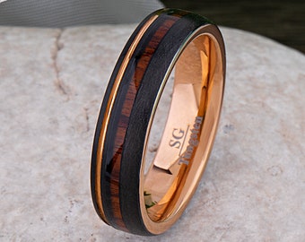 Black and Rose Gold Tungsten Wedding Band 6mm Wide with Rosewood Inlay, Promise Ring for Men or Women, Unique Wedding Band, Popular Design