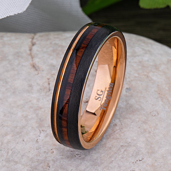 Schwarz und Rosegold Wolfram Ehering 6mm breit mit Rosenholz Inlay, Versprechen Ring für Männer oder Frauen, Einzigartige Ehering, Beliebtes Design