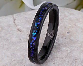 Celestial Galaxy Black Tungsten Wedding Band 4mm with Crushed Blue Sandstone, Popular Ring for Men or Women, Crab Nebula Ring, Luxury Gift