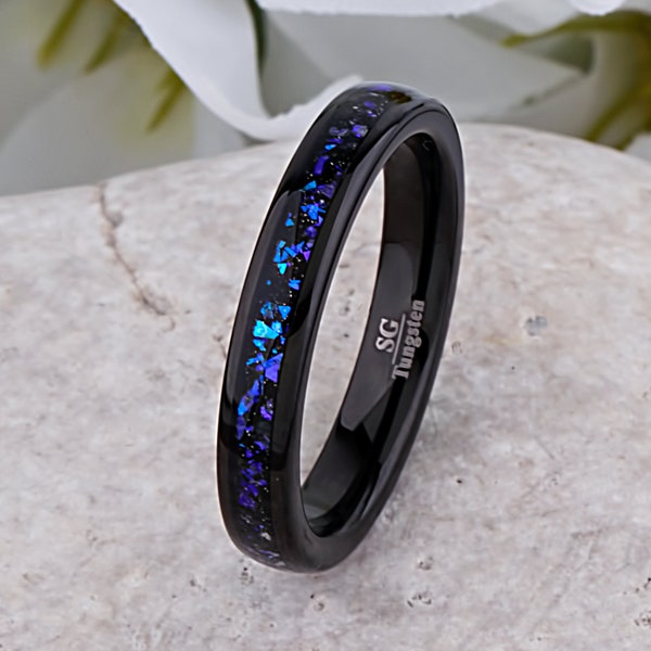 Celestial Galaxy Black Tungsten Wedding Band 4mm with Crushed Blue Sandstone, Popular Ring for Men or Women, Crab Nebula Ring, Luxury Gift