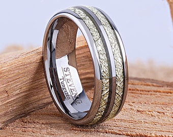 Tungsten Wedding Band 8mm: Double Meteorite Inlay, Comfort Fit