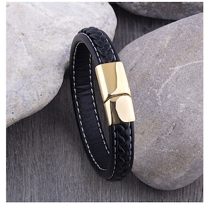 Pulseira Masculina de Couro Preto: Aço Inoxidável Ouro Amarelo Fecho Magnético
