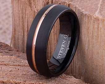 Black Tungsten Wedding Band 8mm with Rose Gold Off-Center Line, Promise Ring or Gift For Friend, Stylish Modern Band for Men or Women