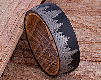 Forest Tungsten Band for Weddings or Engagements 8mm with Whiskey Barrel Wood, Promise Ring for Boyfriend, Unique Band For Him, Tree Ring
