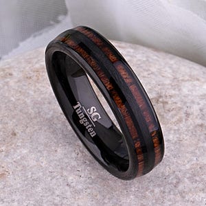 Black Tungsten Koa Wood Wedding Band - 6mm Modern Ring