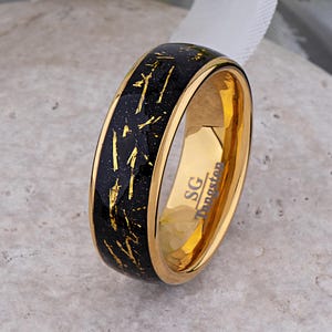 Yellow Gold Leaf and Meteorite Galaxy Space Gold Tungsten Wedding Band 8mm, Cosmic Gift for Men and Women, Promise or Anniversary Ring