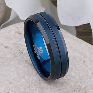 Tungsten Mens Wedding Band 8mm with Blue & Black Plating Brushed Top Beveled Sides, Mens Engagement Ring, Unique Wedding Ring, Tungsten Ring