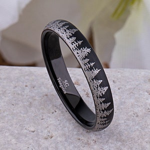 Forest Tungsten Ring for Weddings or Engagements, Black Band 4mm Wide, Promise Ring or Anniversary Band For Men or Women, Unique Gift