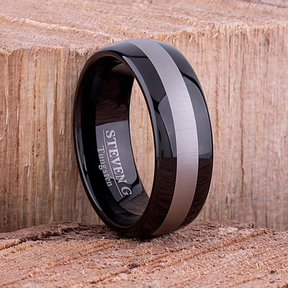 Tungsten Mens Wedding Band or Mens Engagement Ring 8mm With Black