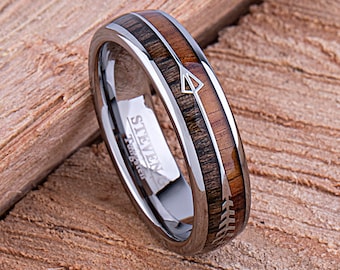 Wolfraam trouwring 6 mm: inlegwerk van palissander en zebrahout, stalen pijl