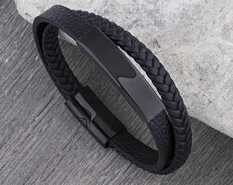 Bracelet en cuir noir en acier inoxydable avec plaque de gravure noire hautement polie et fermoir coulissant magnétique sécurisé en acier, cadeau idéal pour un père