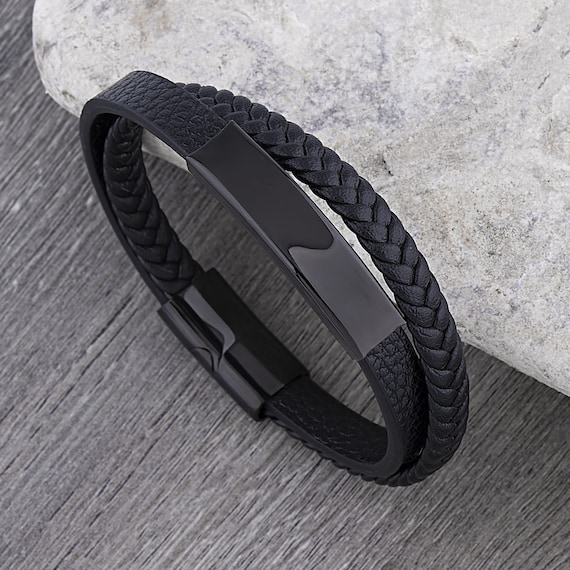 Stainless Steel Polished Black Leather Buckle Clasp Bracelet 