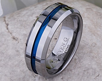Tungsten Mens Wedding Band 8mm met blauwe accentlijn, jubileumcadeau voor man, wolfraamring voor hem, beloftering voor vriend
