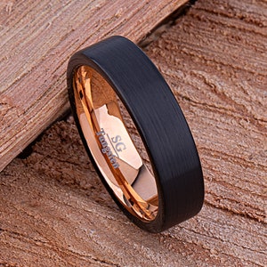 Tungsten Wedding Band or Engagement Ring 6mm Width with Black Exterior & Rose Gold Interior, Unisex Style for Men or Women, Perfect Gift