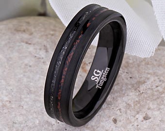 Dinosaurier Knochen & Meteorit Ring: Wolfram Trauring, 6 mm - Alternative Style Band