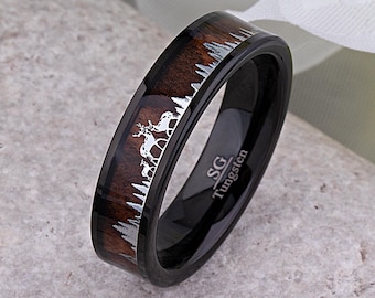 Hirschfamilie Black Wolfram Trauring, Trauring 6 mm: Rosenholz Inlay