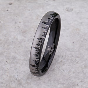 Forest Tree Tungsten Ring, Black Wedding Band 4mm Wide, Promise Ring or Anniversary Gift for Men or Women, Popular Affordable Unisex Style