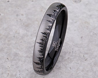 Forest Tree Tungsten Ring, Black Wedding Band 4mm Wide, Promise Ring or Anniversary Gift for Men or Women, Popular Affordable Unisex Style