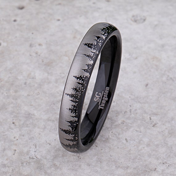 Forest Tree Tungsten Ring Black Wedding Band 4mm Wide Promise Ring or Anniversary Gift for Men or Women Popular Affordable Unisex Style