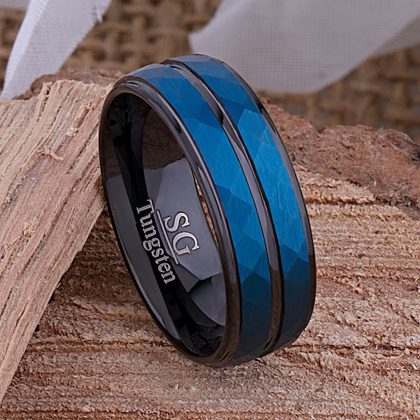 Tungsten Mens Wedding Band 8mm Blue & Black with Diamond Cut Satin Surface for Engagement Gift, Promise Ring for Him, Popular Tungsten Ring