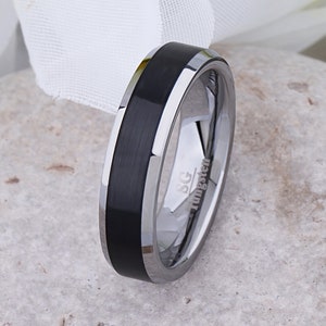 Black and Silver Tungsten Wedding Band 6mm with Bevel Edges, Promise Ring for Friend, Anniversary Gift for Spouse, Premium Quality Present