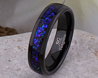 Alliance galaxie céleste en tungstène noir 6 mm avec grès bleu concassé, bague de promesse pour homme ou femme, bague nébuleuse du crabe, cadeau d'anniversaire