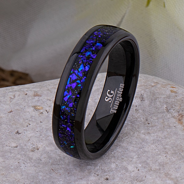 Celestial Galaxy Black Tungsten Wedding Band 6mm with Crushed Blue Sandstone, Promise Ring for Men or Women, Crab Nebula Ring, Birthday Gift