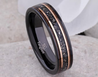 Black Tungsten Wedding Band with Meteorite & Whiskey Barrel Wood Inlay: 6mm Unisex Ring