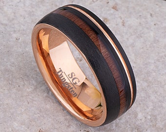Black and Rose Gold Tungsten Carbide Wedding Band 8mm with Rosewood Inlay, Promise Ring for Him, Unique Wedding Band, Popular Ring Design