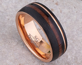 Alliance en carbure de tungstène noir et or rose 8 mm avec incrustation de bois de rose, bague de promesse pour lui, alliance unique, modèle de bague populaire