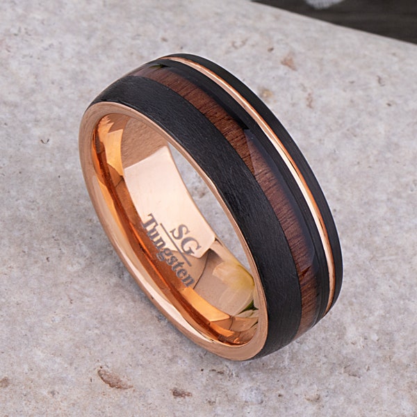 Black and Rose Gold Tungsten Carbide Wedding Band 8mm with Rosewood Inlay, Promise Ring for Him, Unique Wedding Band, Popular Ring Design