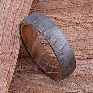 Forest Tungsten Wedding Band or Engagement Ring 6mm with Whiskey Barrel Wood, Unisex Tungsten Promise Ring, Unique Band For Man or Woman