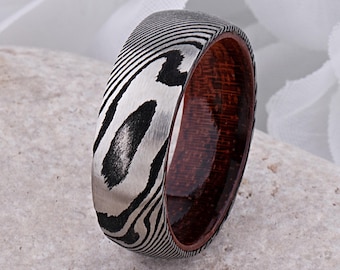 Damascus Steel Wedding Band 8mm Wide with Red Padauk Wood Interior, Engagement Gift For Boyfriend, Promise Ring for Him, Unique Design