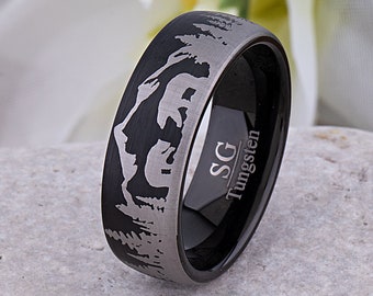 Mother Bear & Cub In Forest Tungsten Carbide Ring, Black Wedding Band 8mm Wide, Popular Promise Ring, Anniversary Band for Outdoor Adventure