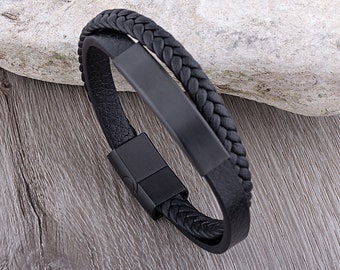 Pulsera de cuero negro de acero inoxidable para hombre con placa de grabado negra y cierre deslizante magnético seguro de acero / Gran regalo para él