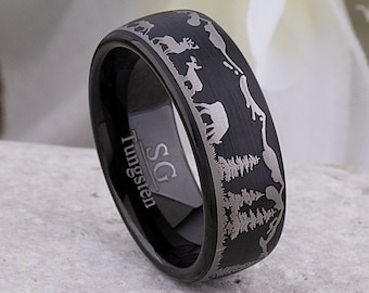 Forest & Deer Tungsten Ring, Black Wedding Band or Mens Engagement Ring 8mm Wide, Wildlife Animal Promise Ring for Friend, Popular Gift