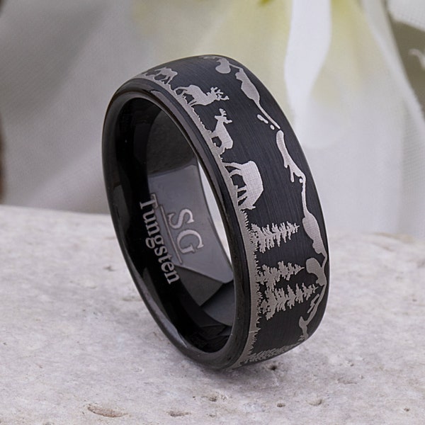 Forest & Deer Tungsten Ring, Black Wedding Band or Mens Engagement Ring 8mm Wide, Wildlife Animal Promise Ring for Friend, Popular Gift