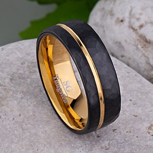 Black Tungsten Mens Faceted Wedding Band 8mm with Yellow Gold Accent, Engagement Anniversary Promise Ring for Him, Makes a Perfect Gift