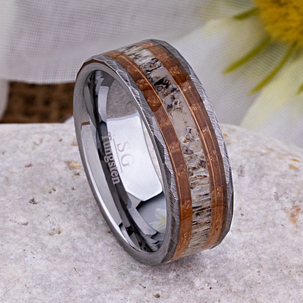 Tungsten Wedding Band 8mm with Whiskey Barrel Wood and Deer Antler, Unique Style Ring, Promise Ring for Him, Gift for Boyfriend or Husband