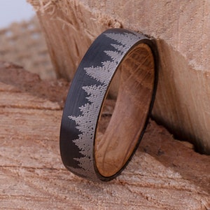 Forest Tungsten Band for Weddings or Engagements 6mm with Whiskey Barrel Wood, Promise Ring for Boyfriend, Unique Band For Him, Tree Ring