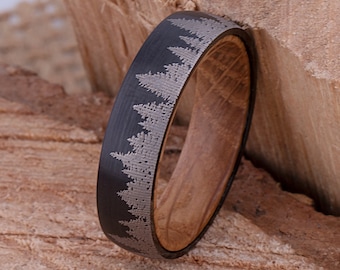 Forest Tungsten Band for Weddings or Engagements 6mm with Whiskey Barrel Wood, Promise Ring for Boyfriend, Unique Band For Him, Tree Ring