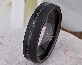 Meteorite Inlay Black Tungsten Carbide Wedding Band 6mm with  and Sandblast Finish, Unique Tungsten Ring, Popular Gift for Him, Handmade