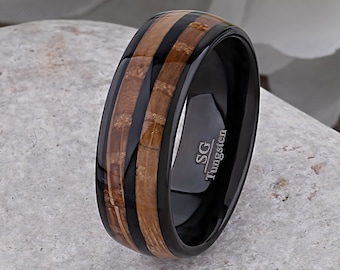 Alianza de boda de tungsteno negro de 8 mm: incrustación de madera de barril de whisky, ajuste cómodo