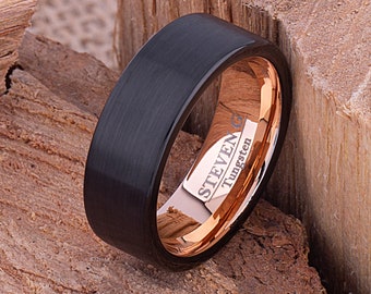 Tungsten Mens Wedding Band or Mans Engagement Ring 8mm Width with Black Exterior & Rose Gold Interior, Perfect Gift For Boyfriend or Husband