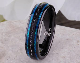 Meteorite & Greenish Blue Opal Ring: Black Tungsten 6mm Wedding Band