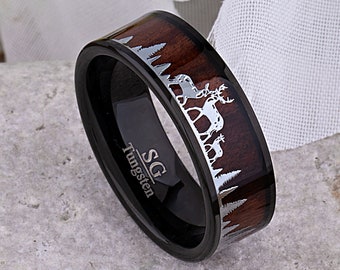 Deer Family Black Tungsten Wedding Band 8mm with Rosewood Inlay, Best Ring for Outdoor Person, Unique Gift for Boyfriend, Husband or Father